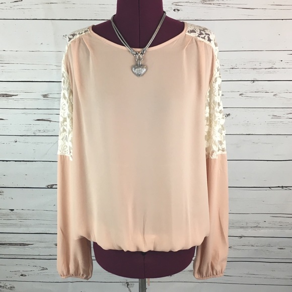 Cream Lace and Tan Blush Split Back Blouse - Picture 2 of 8